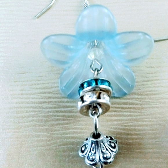 Sterling and Blue Flower Drop Earrings - Picture 2 of 4